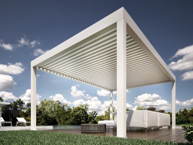 ACURA Q27 white louvered pergola over a garden lounge