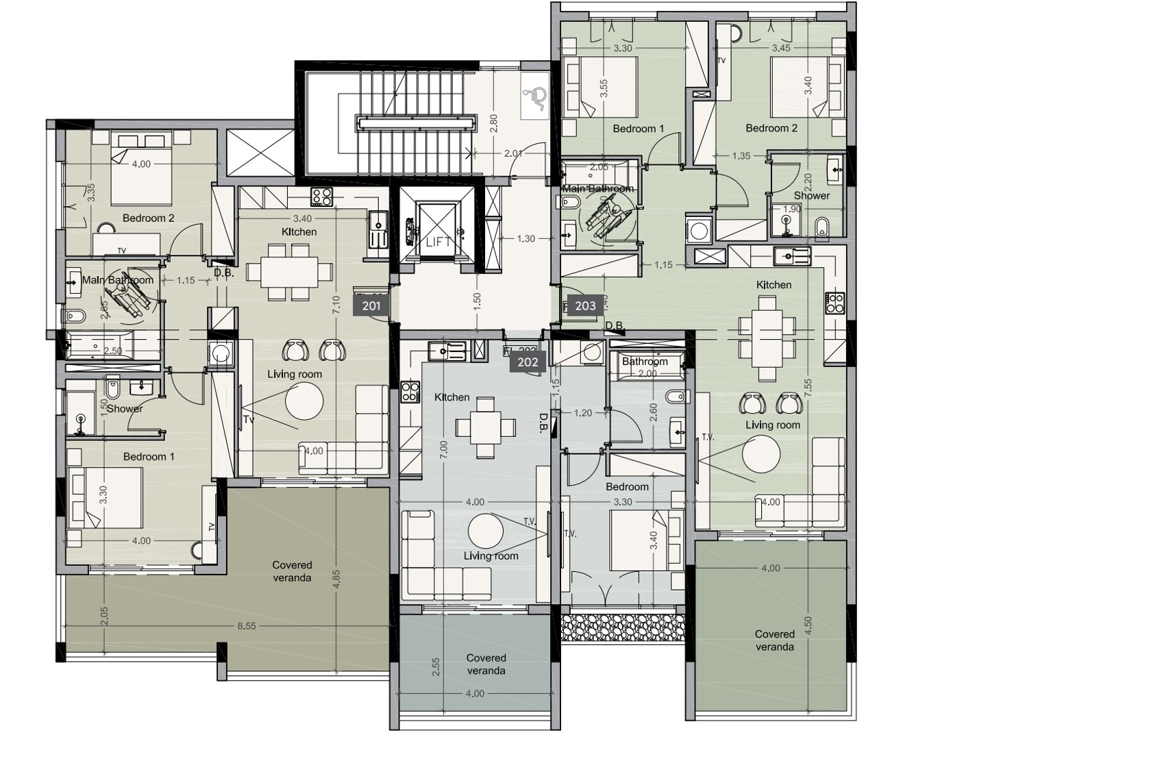 Drugie piętro: apartamenty 201–203