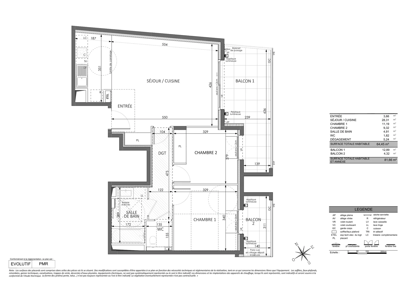 Floor plan of the 64.45 sq m new-build apartment in Beausoleil