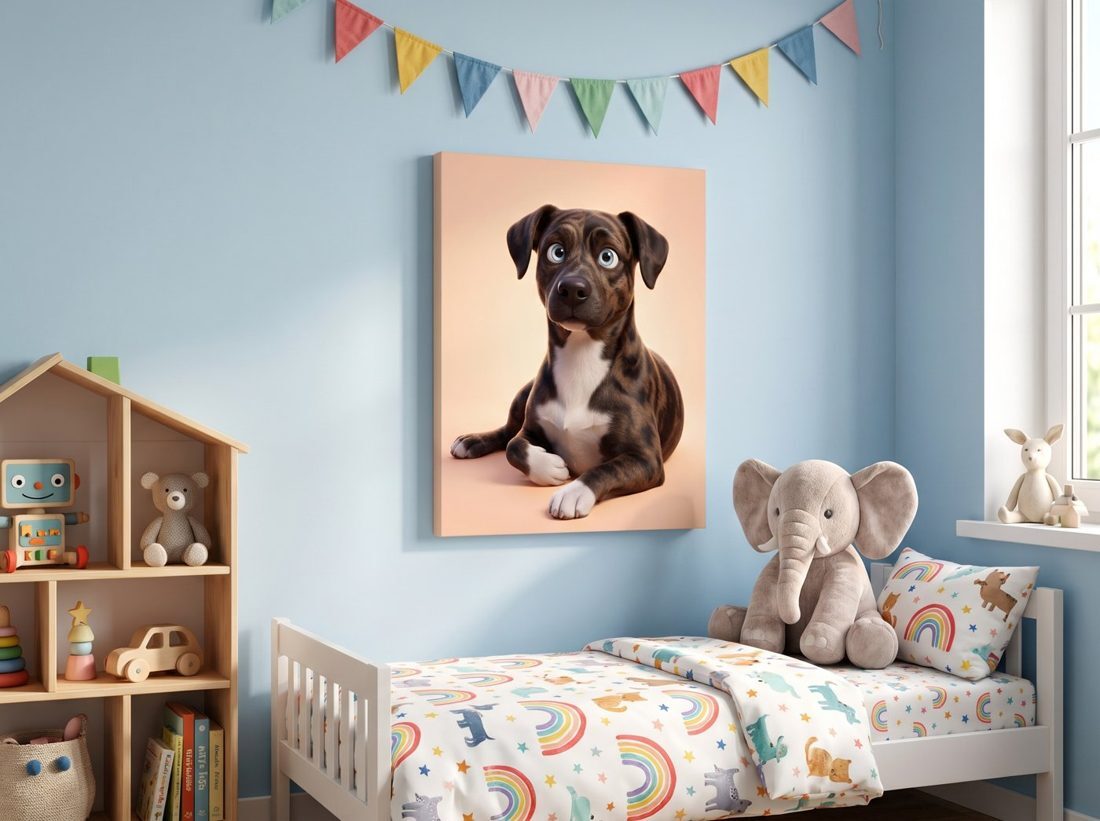 Cartoon pet portrait in a kids room