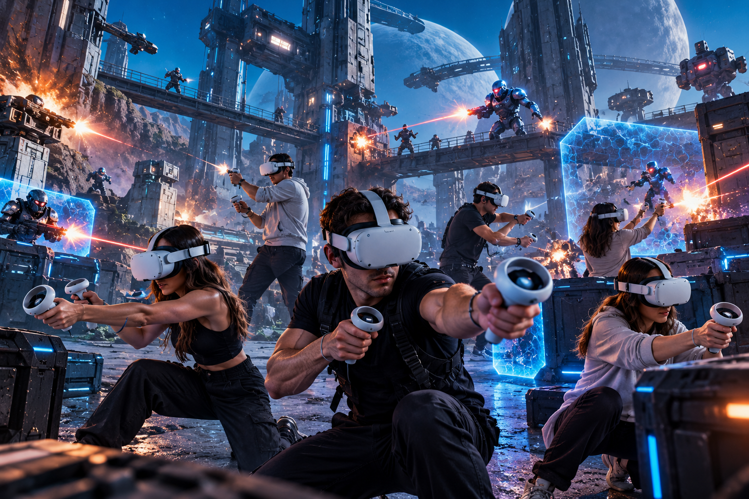 Jugador con visor de realidad virtual en entorno oscuro con luces de neón