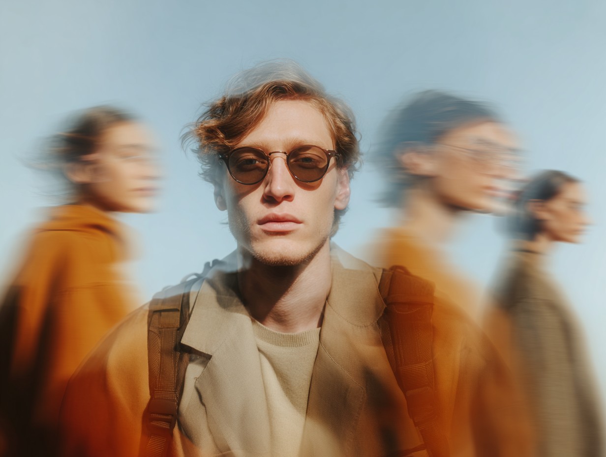 Eyewear visual research study 09: portrait with moving background figures