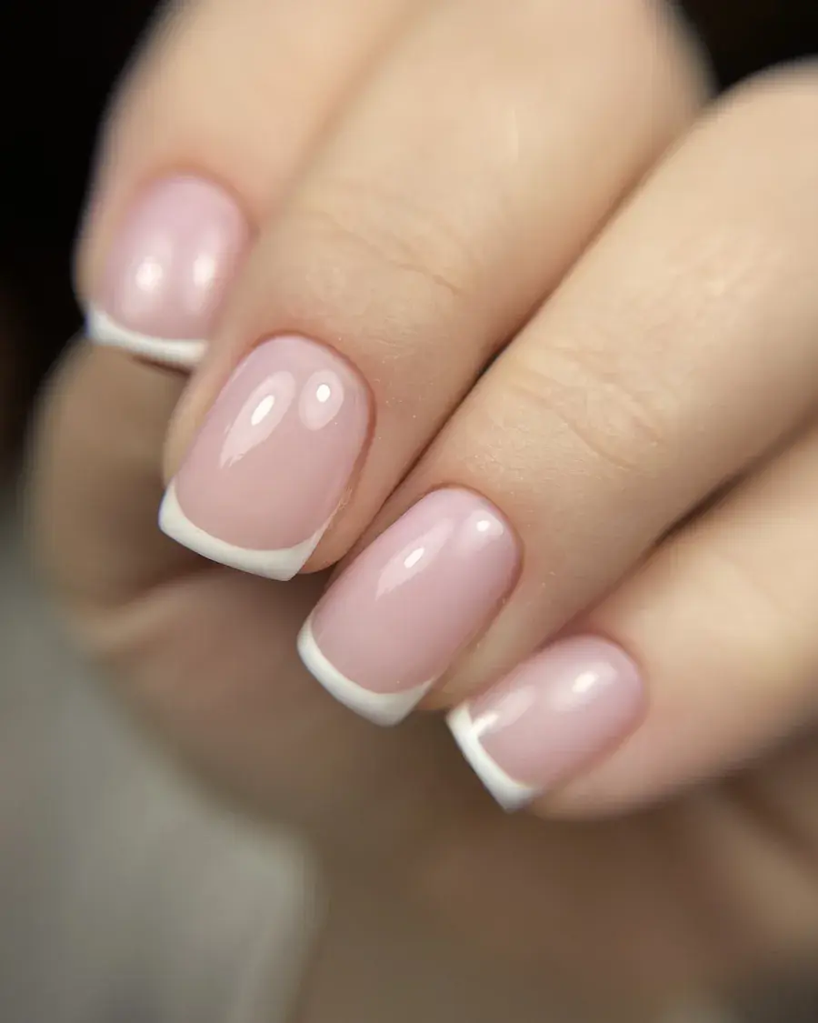 Close-up of a classic French manicure with thin white tips on a soft pink base