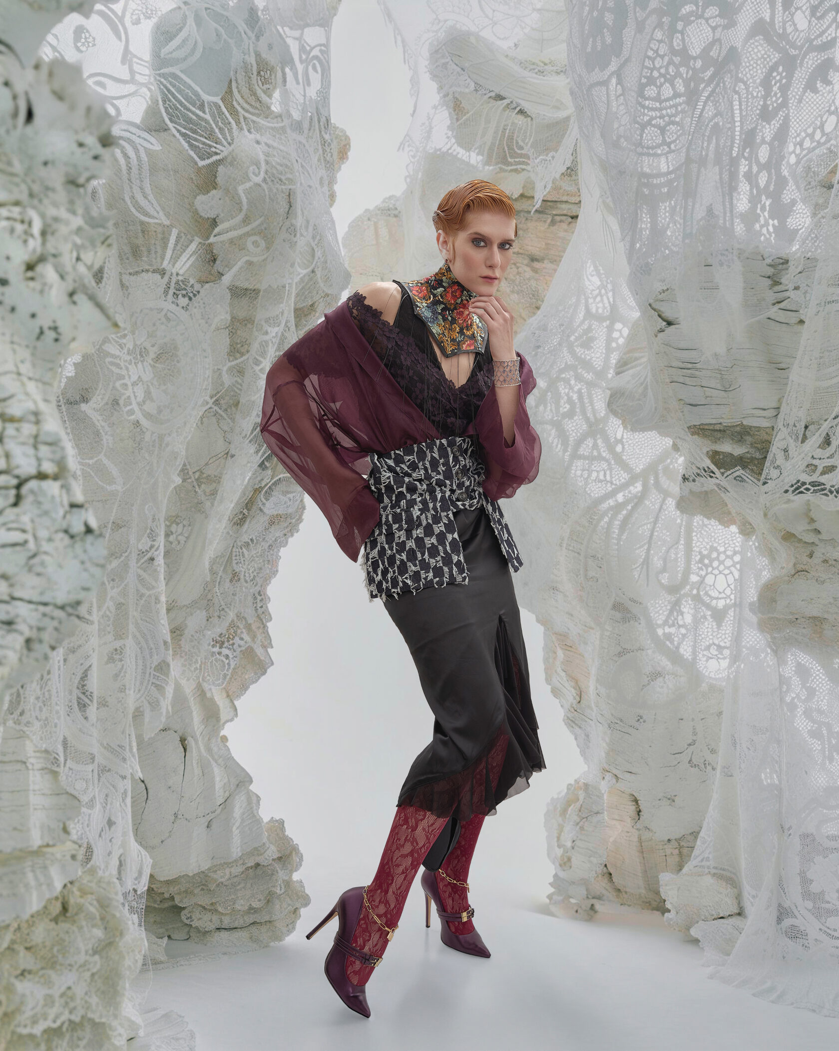 Weave Tale — Burgundy fashion look in a lace landscape