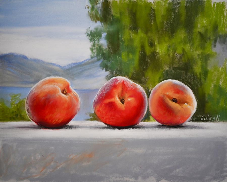 Photorealistic still life painting of quince fruit beside a polished chrome vessel