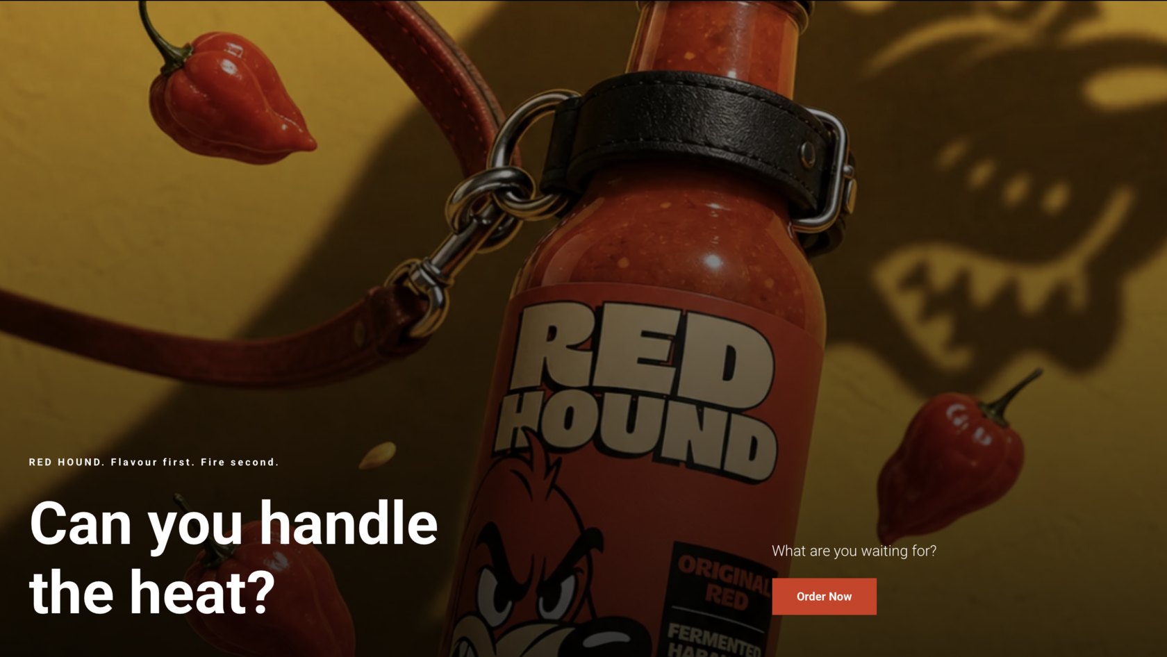 Concept landing page for Red Hound hot sauce, a campaign launch, with an Order Now button