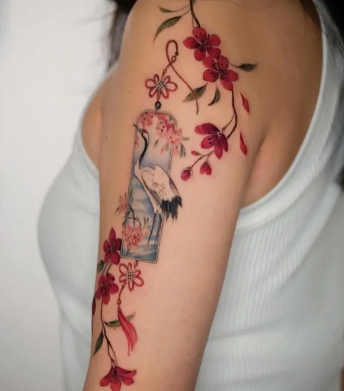 Flowering branch with a small landscape
