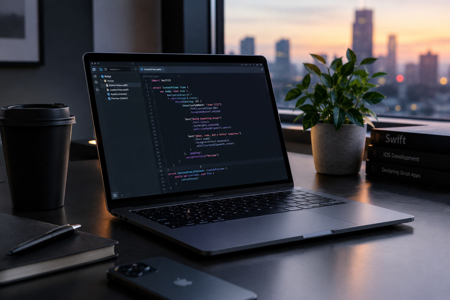 Developer writing Swift code on a laptop
