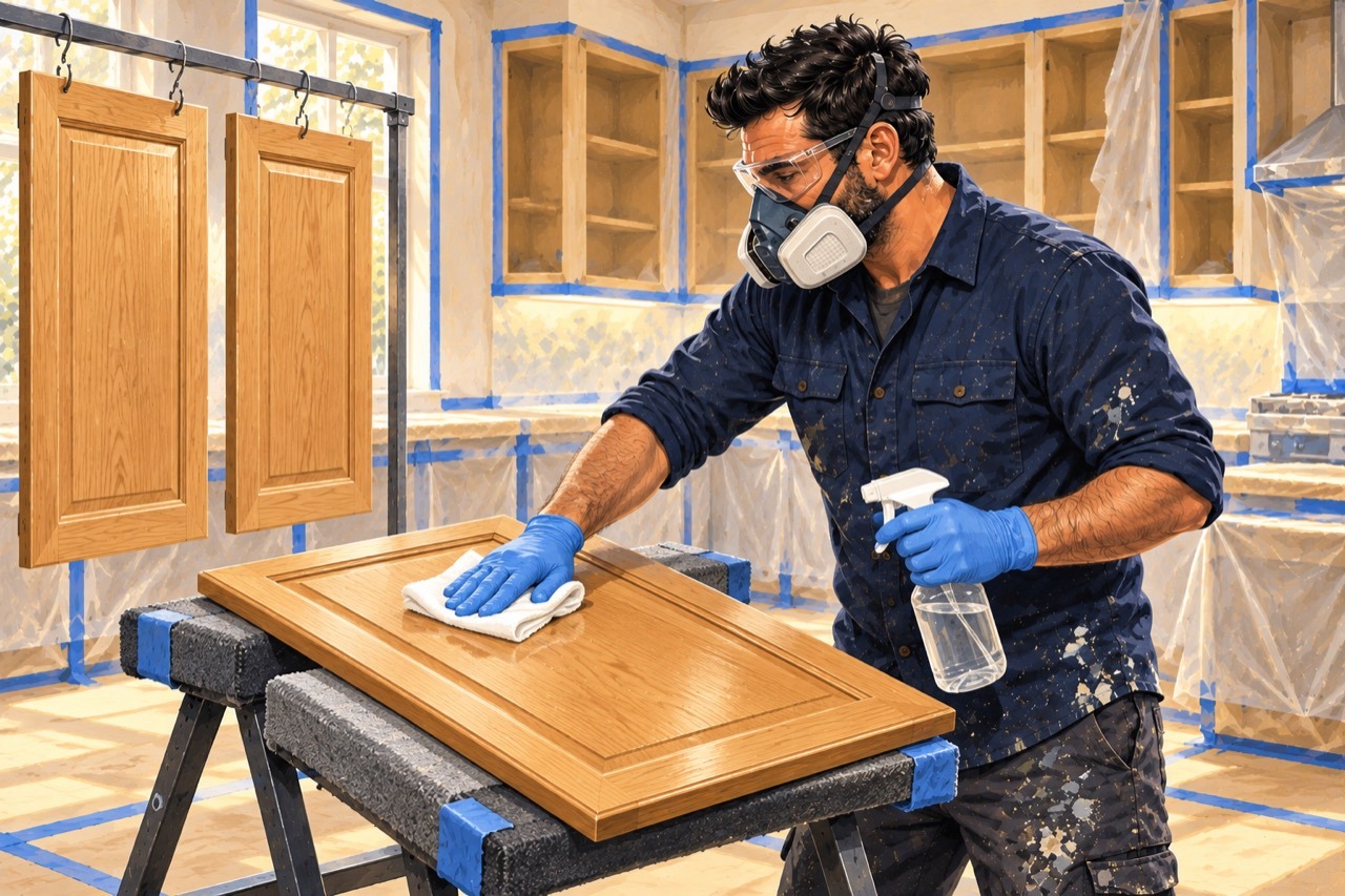 Illustration of a cabinet door being cleaned before priming and painting