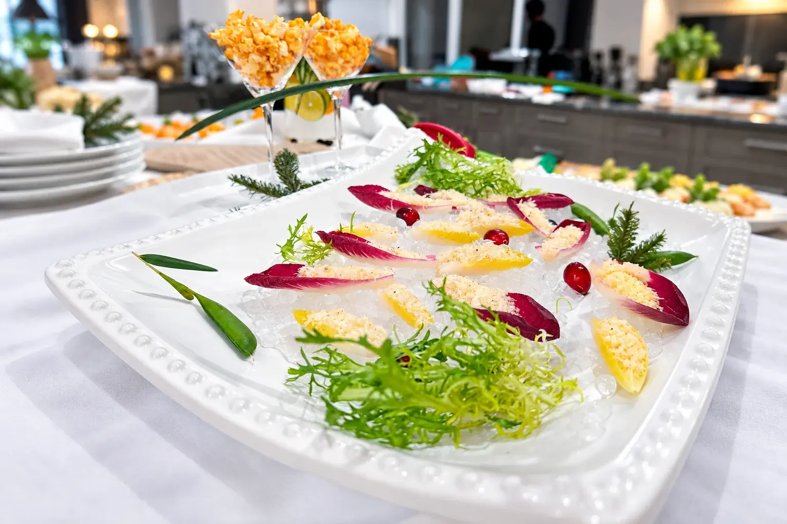 Crisp endive on ice, from the same table of appetizers — a New Year's Eve dinner at home by Miami private chef Marina Staver