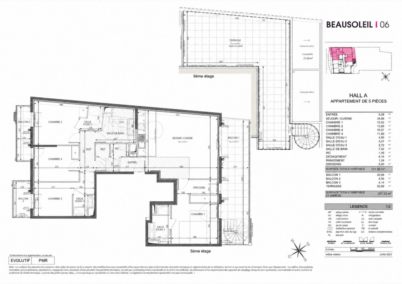 Complete floor plan showing the apartment on the 5th floor and its rooftop terrace on the 6th floor