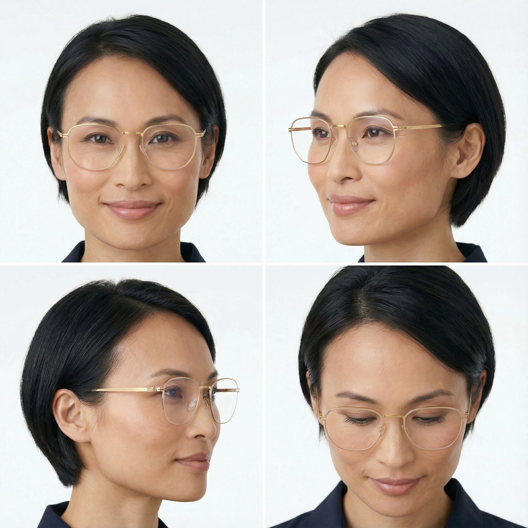 AI character with integrated eyewear shown from several viewpoints