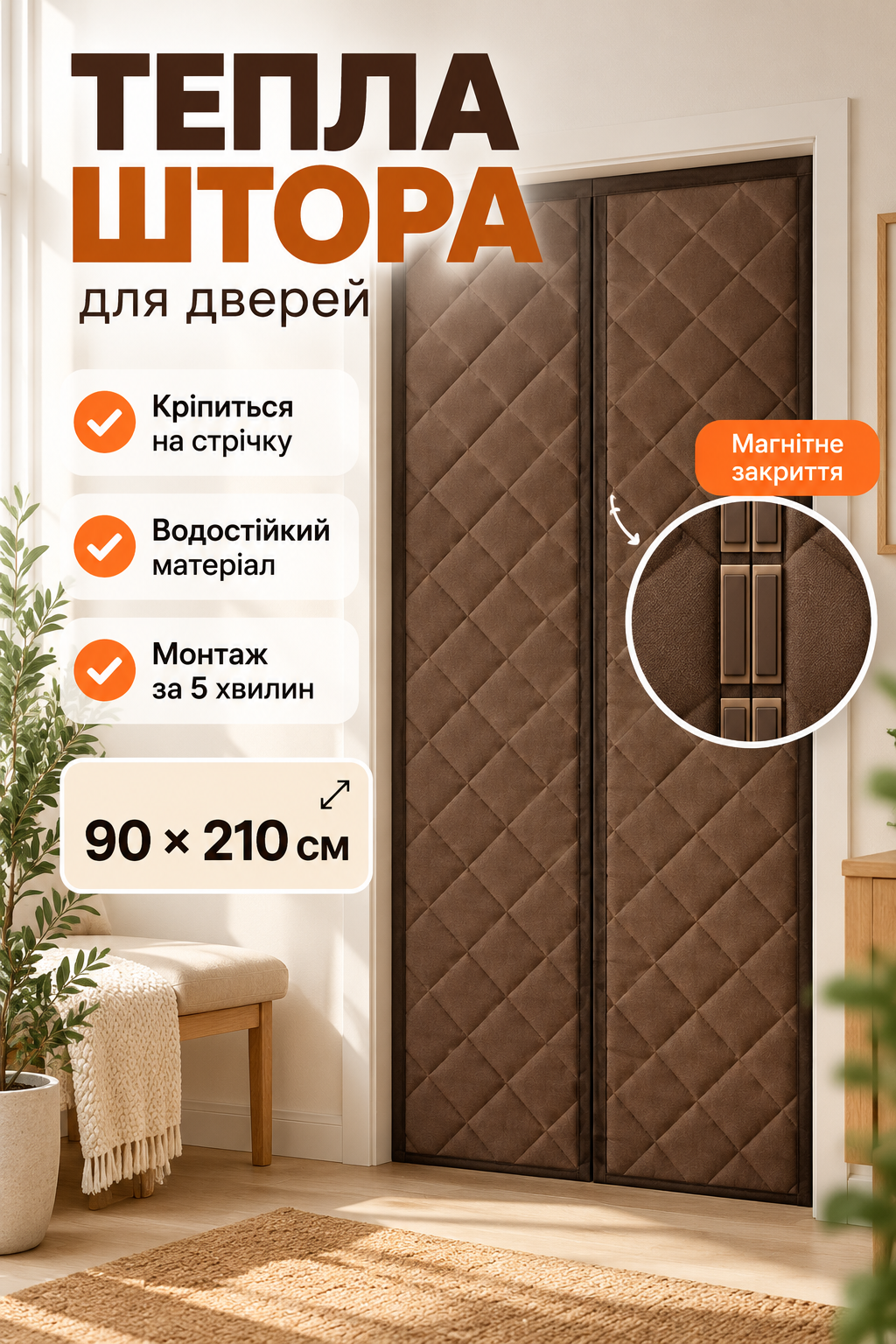 Теплоізоляційна магнітна штора на двері