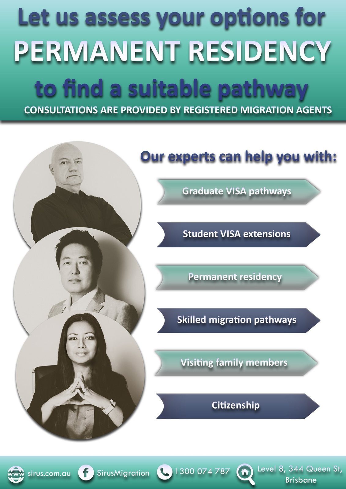Permanent residency flyer with staff portraits