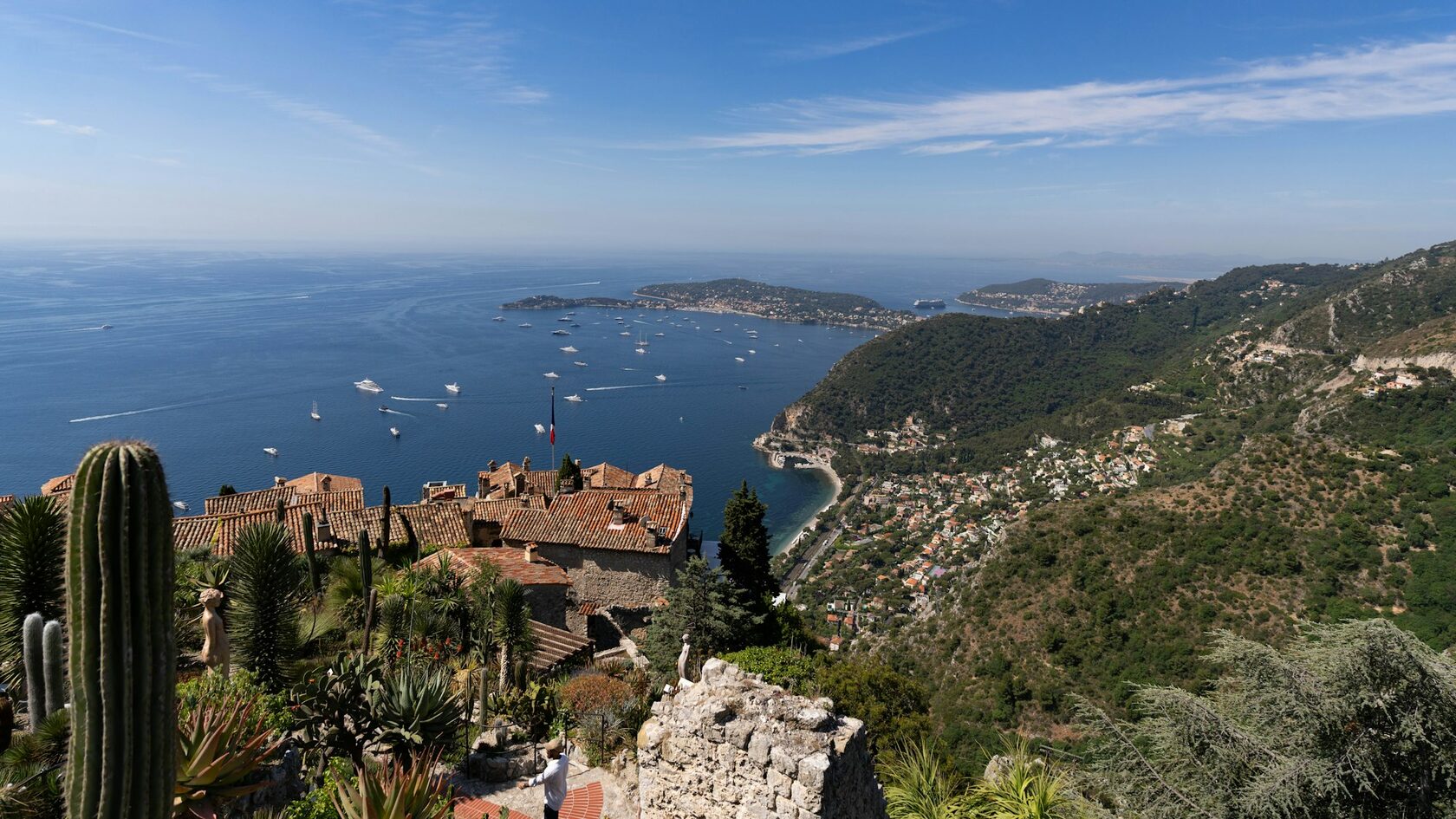 The stone village of Èze perched on its hilltop high above the deep blue Mediterranean