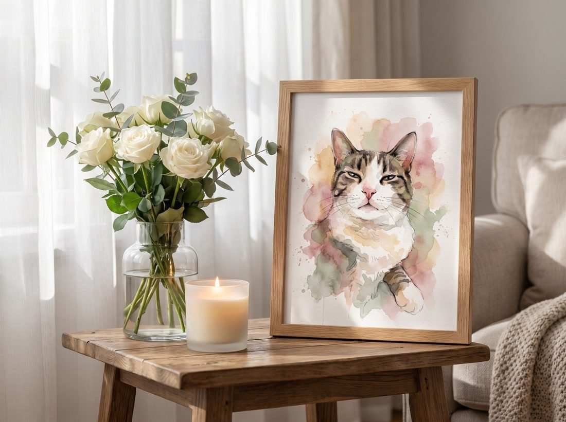 Watercolor pet portrait with flowers and a candle