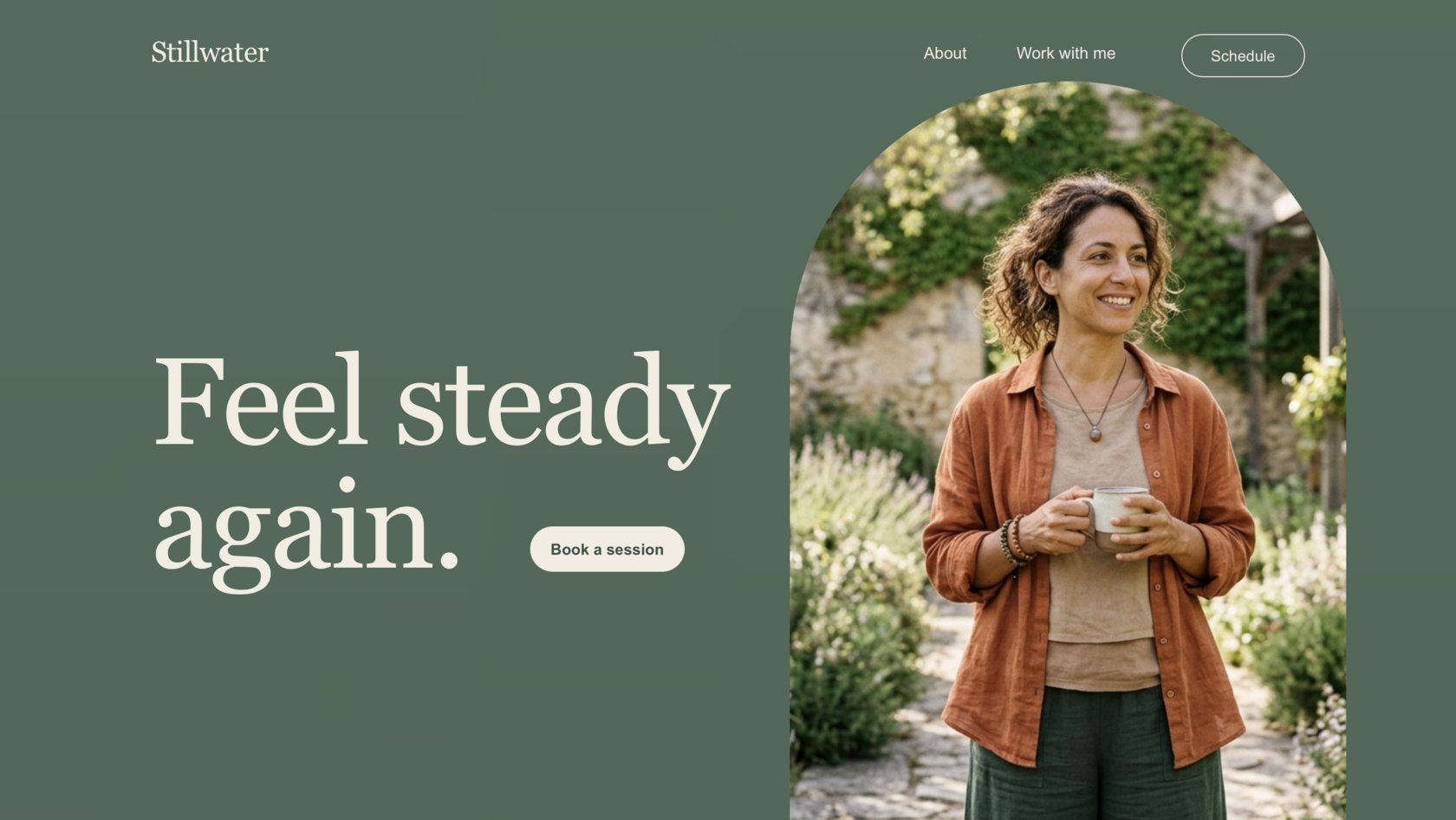 Concept landing page for Stillwater, a wellness practitioner, with a Book a session button beside the headline