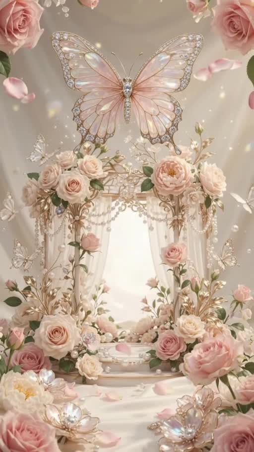 Papillon nacré au-dessus d’un pavillon de roses ivoire et rose poudré