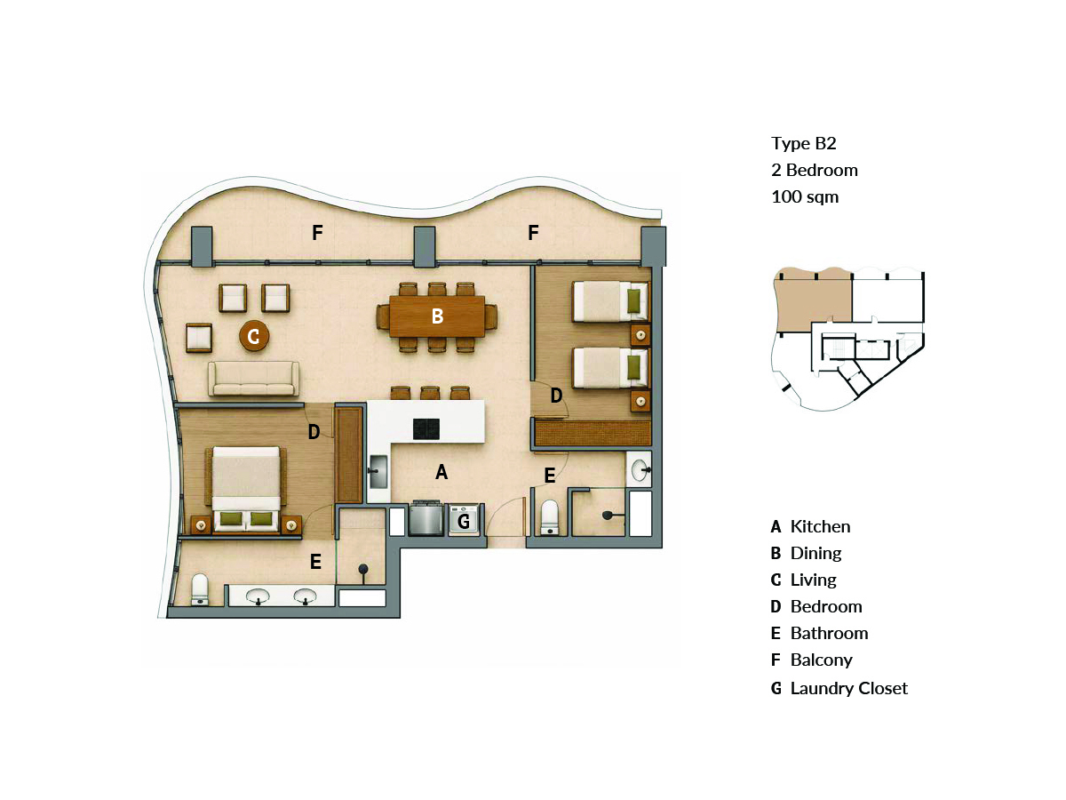 Elegance Residence floor plan type B2, 2 bedrooms, 100 sq.m