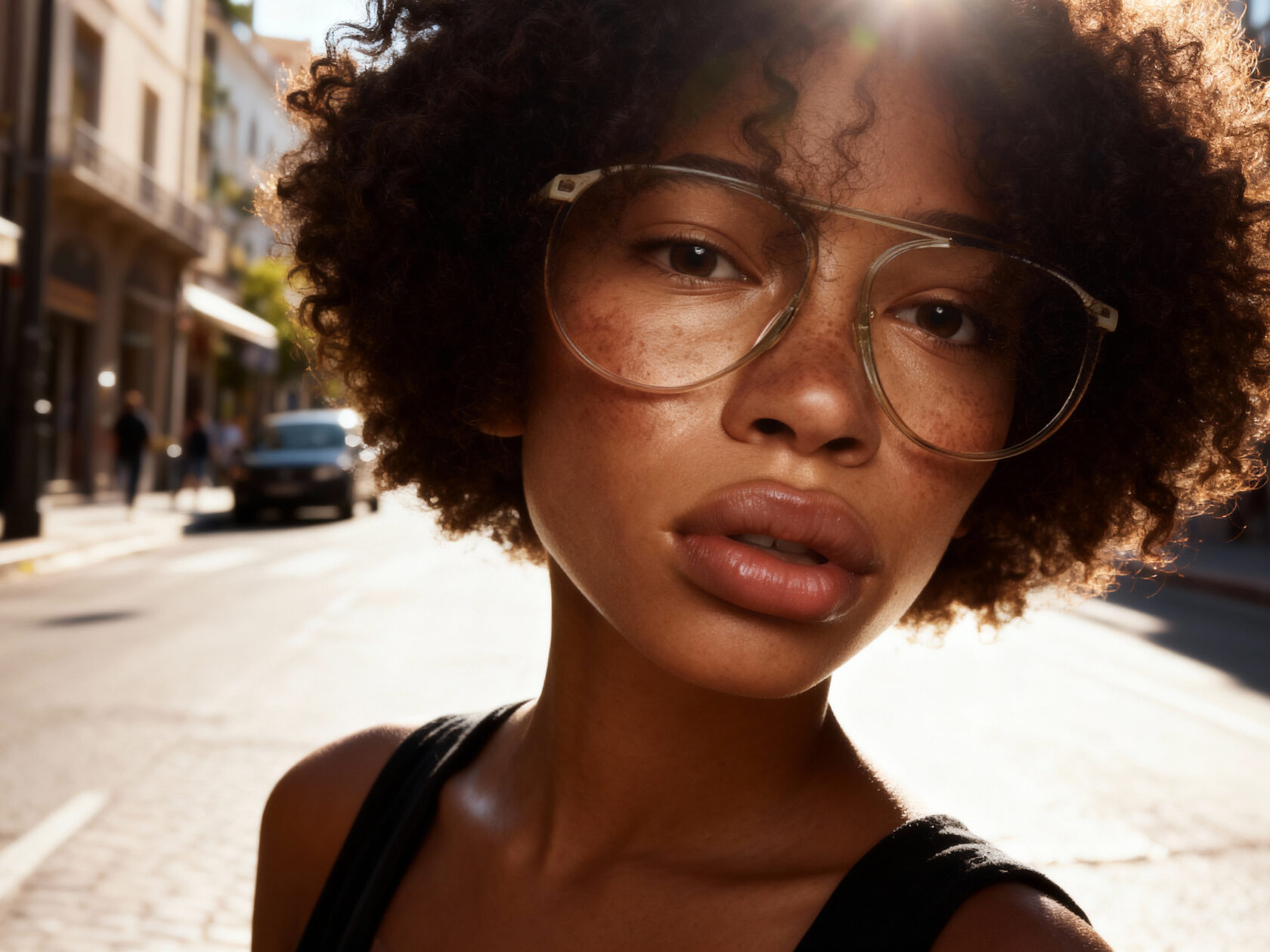 AI character eyewear study: three-quarter view