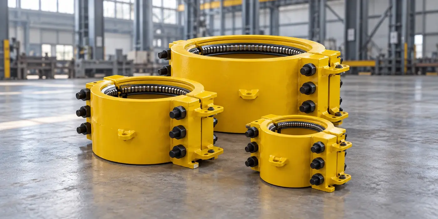 Yellow emergency pipe repair clamps in a clean industrial workshop