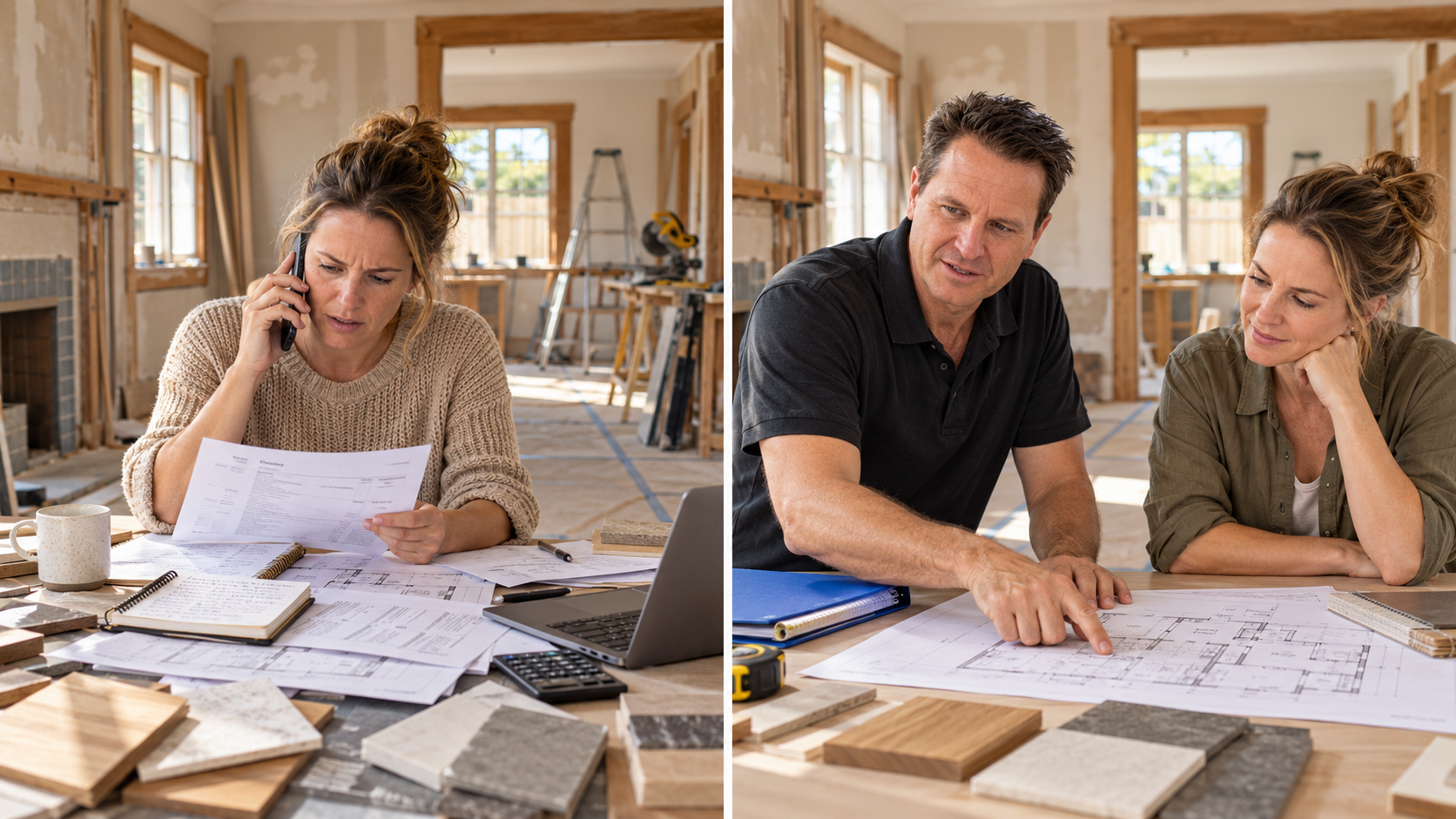 Homeowner managing renovation paperwork alone, compared with discussing plans with a renovation professional