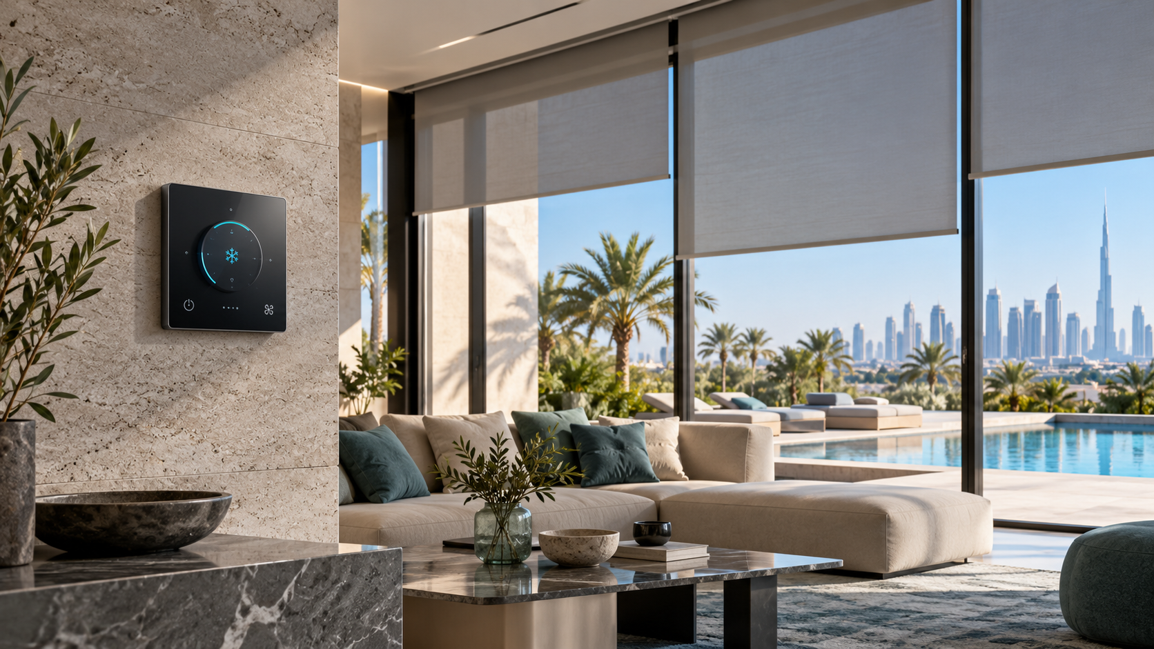 Climate control panel, window shading and Dubai skyline in a contemporary home