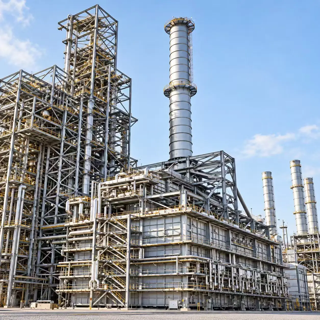 Industrial process plant with steel structures and pipework