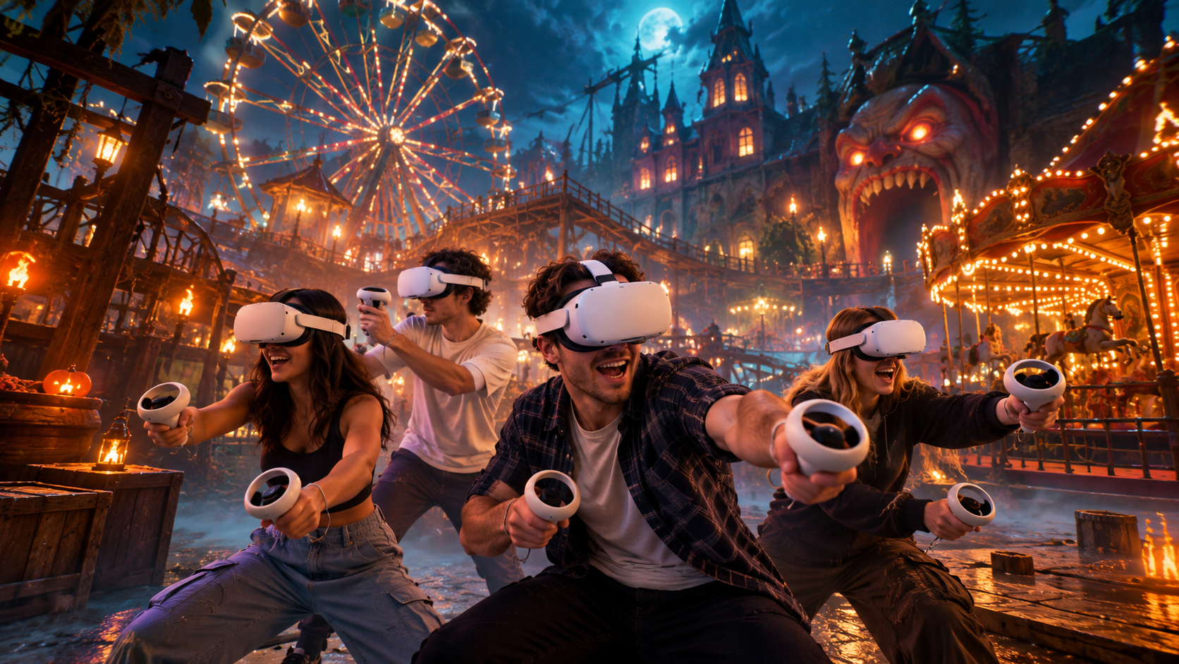 Grupo de amigos disfrutando de realidad virtual en equipo