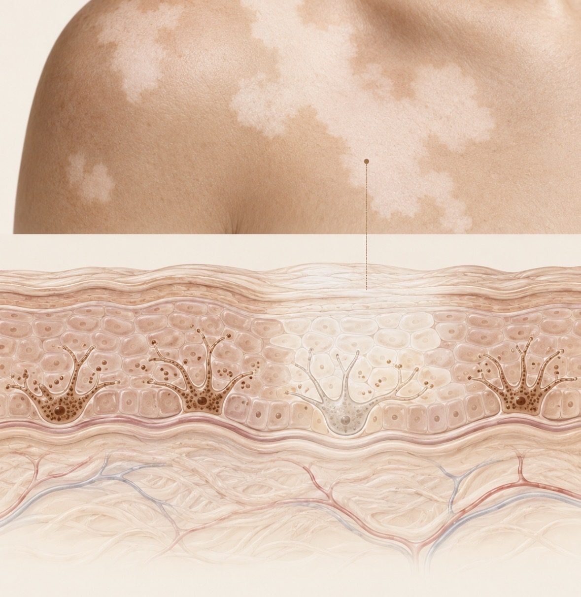 Illustration : plaques claires de vitiligo sur une épaule et coupe de la peau où une cellule de la couleur ne contient plus de pigment