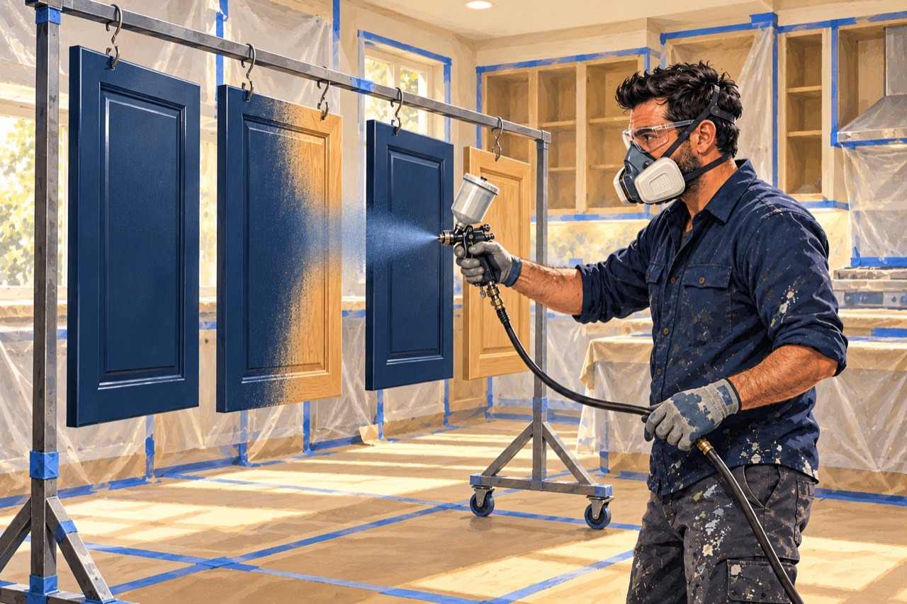 Illustration of removed cabinet doors being painted on a hanging rack in a protected work area