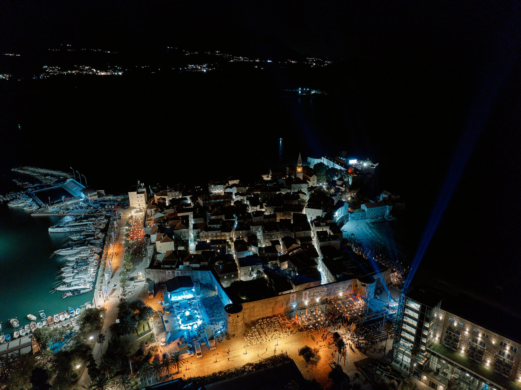 The historic city walls illuminated at night