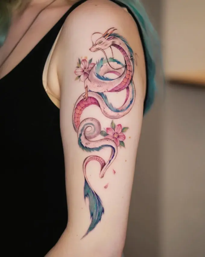 Colourful dragon with flowers