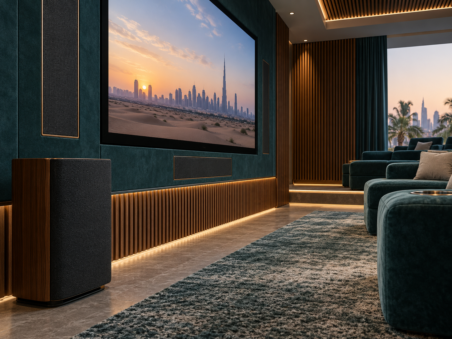 Concept cinema room with integrated loudspeakers and acoustic timber finishes
