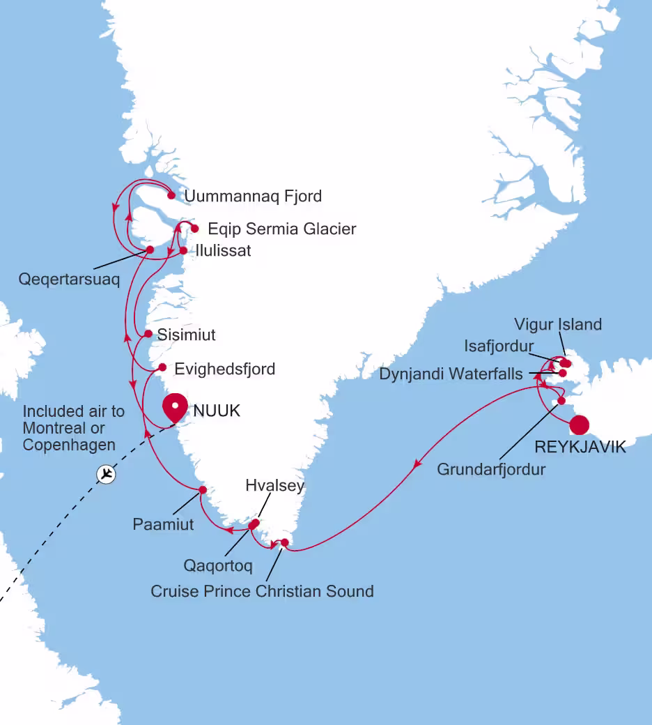Mapa de la ruta de Reykjavik a Nuuk por la costa oeste de Groenlandia, con vuelo incluido a Montreal o Copenhague