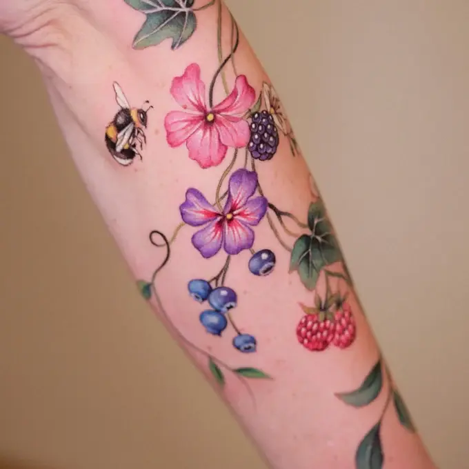 Flowers, berries and a bumblebee