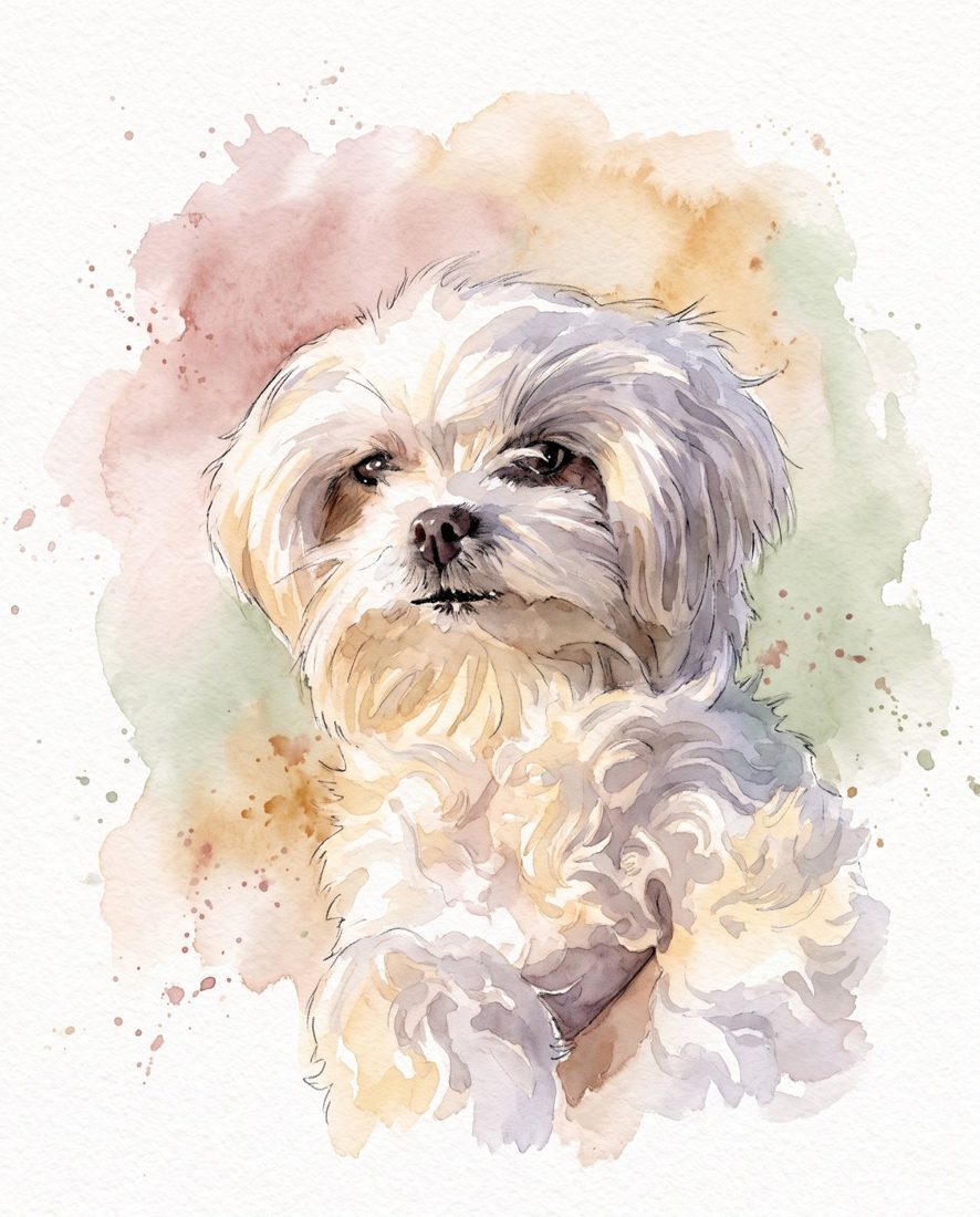 Watercolor style portrait of a white dog