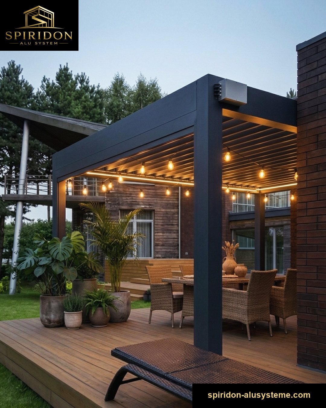 Pergola z oświetleniem przy domu