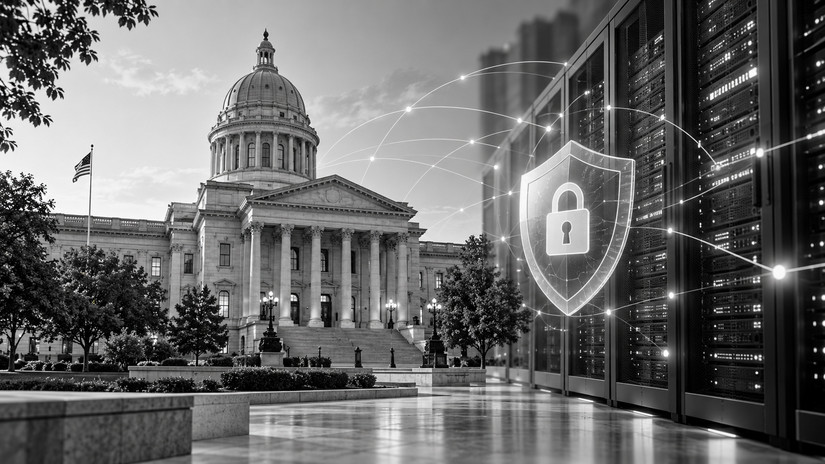 Government capitol building beside secure server racks protected by a digital lock shield