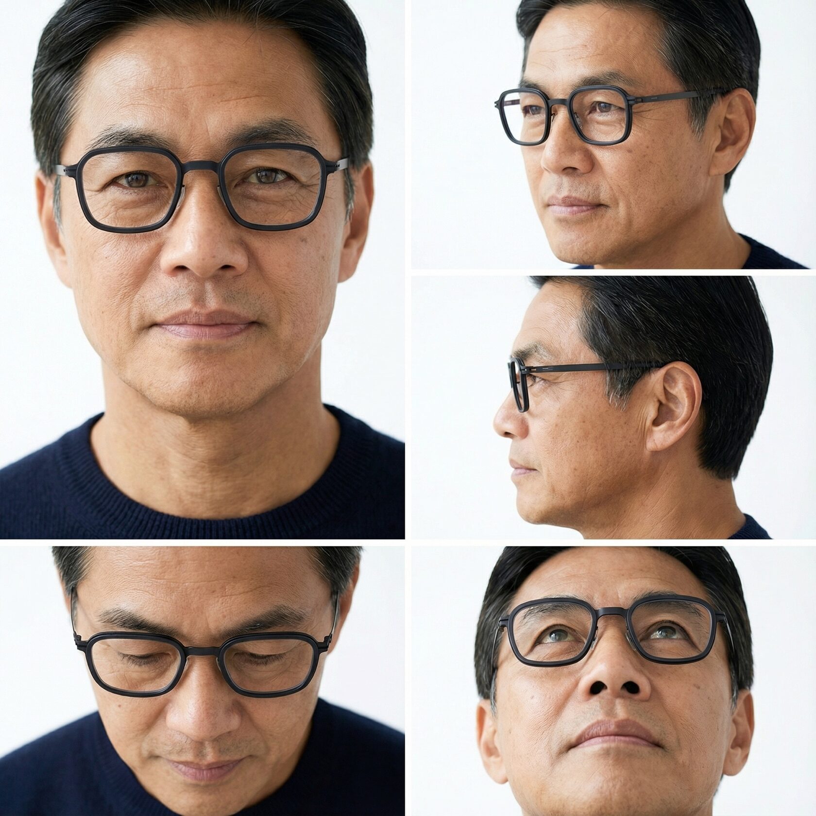 AI character with integrated eyewear shown from several viewpoints