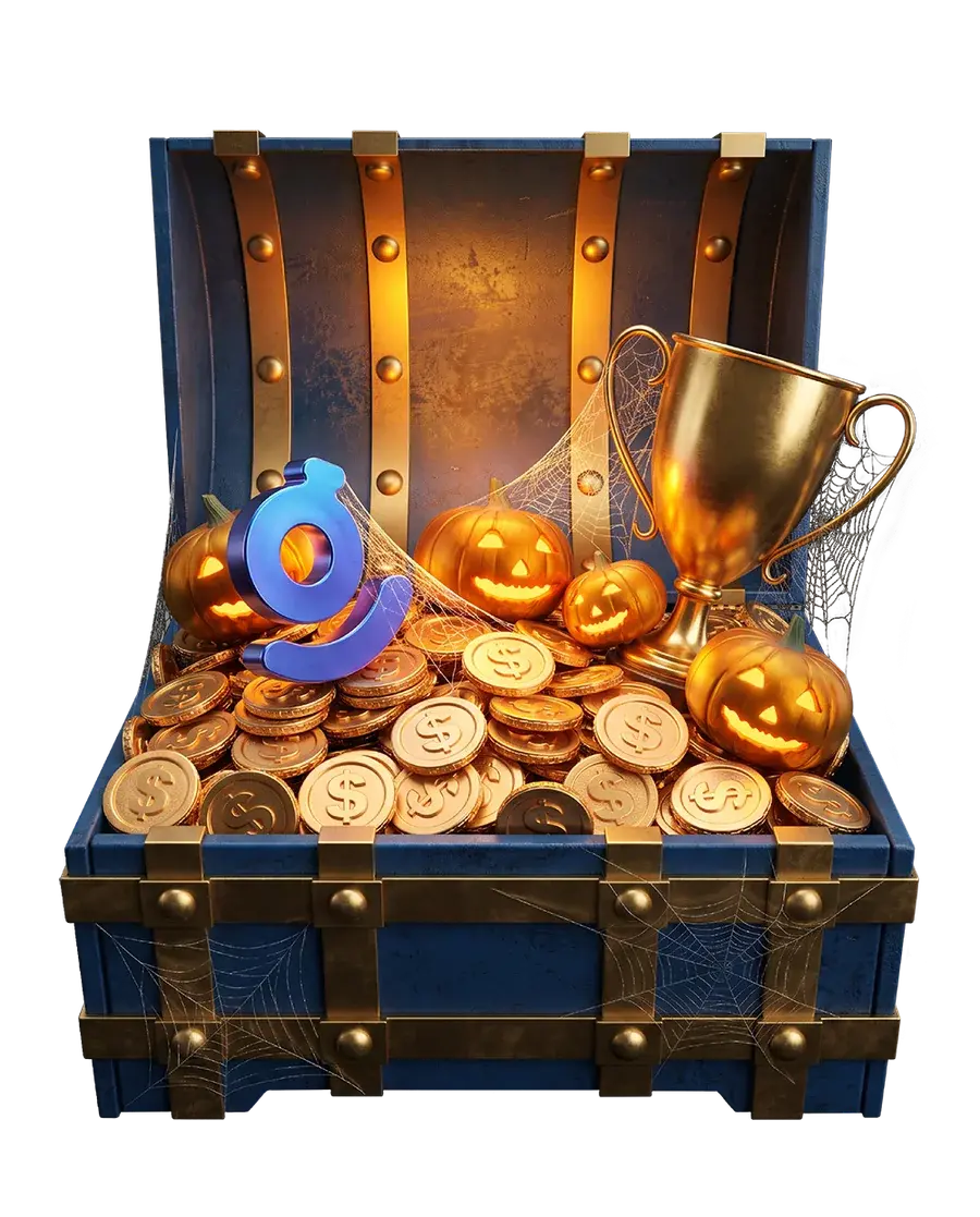Treasure chest with coins, pumpkins and a golden cup