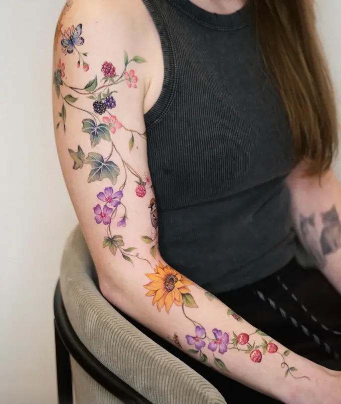 Flowers and berries along the arm