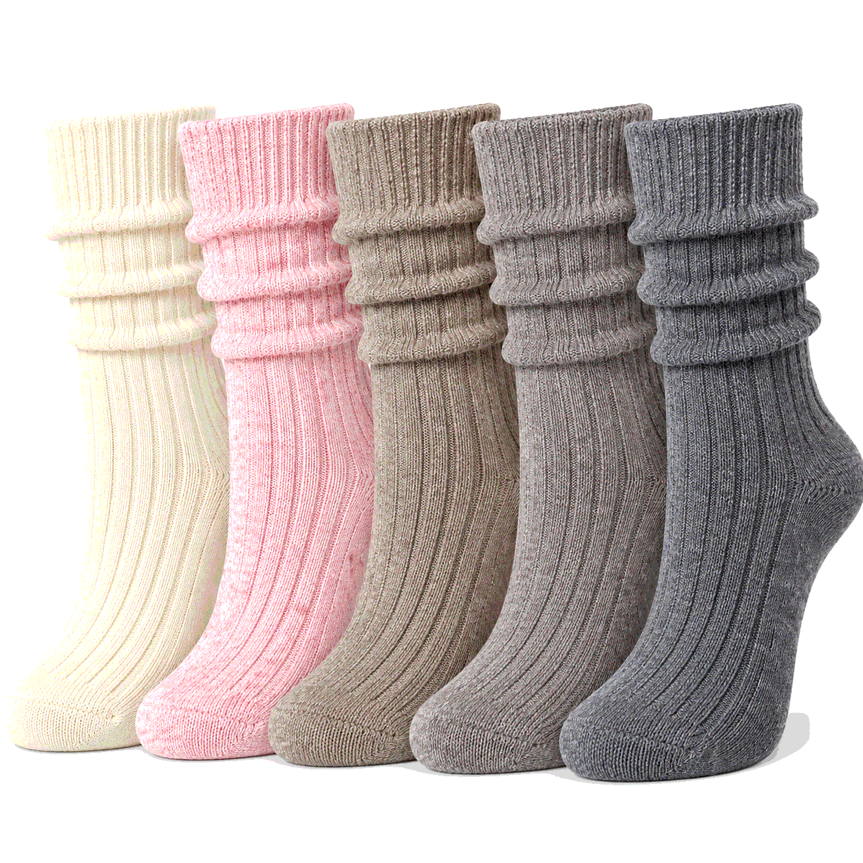 Five pairs of cashmere blend crew socks in cream, blush and grey tones