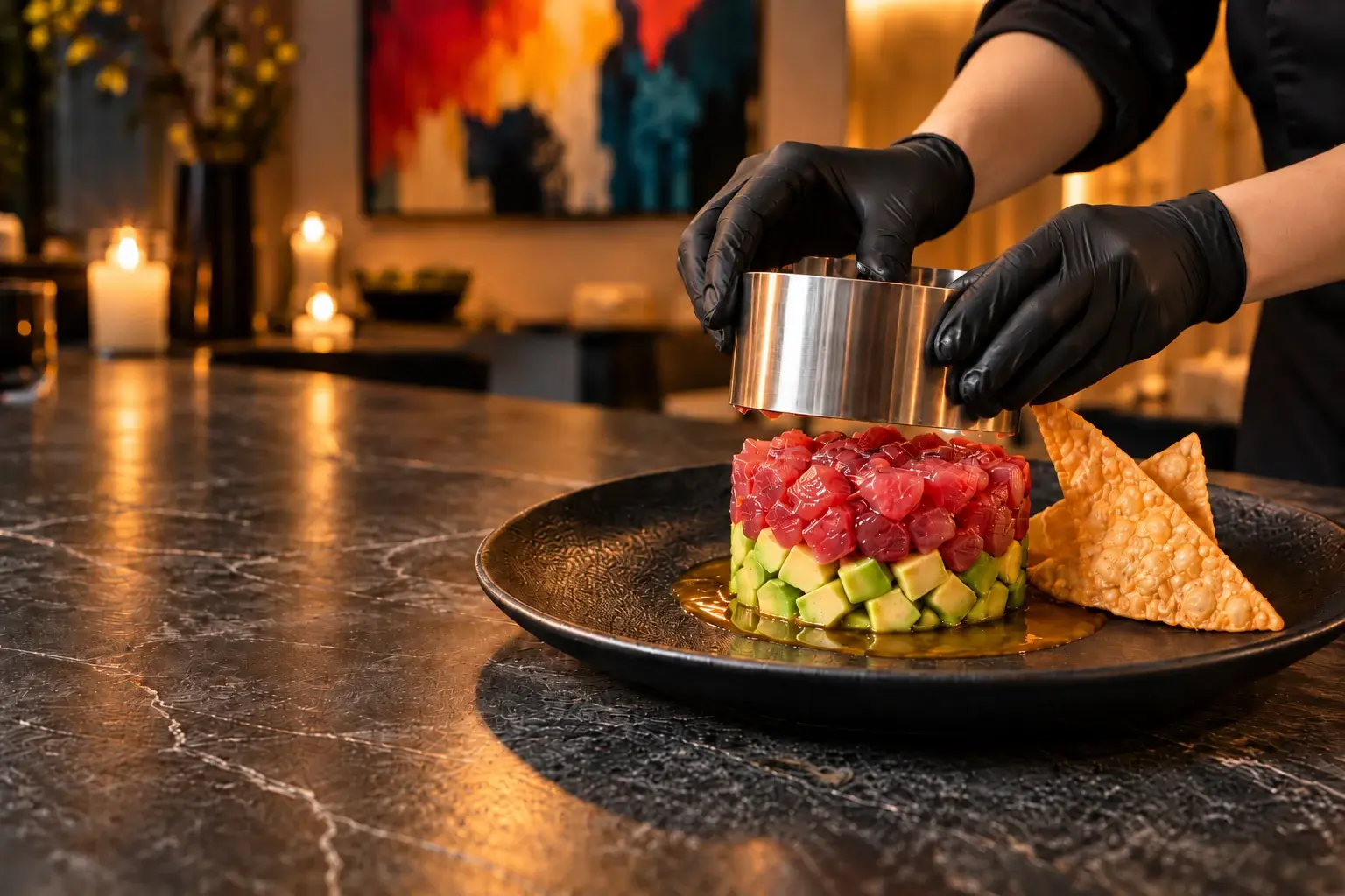 Ahi Tuna Tartare: Hand-Cut Premium Tuna with Avocado, Citrus Ponzu, and Crisp Wontons, assembled at the table — private chef Marina Staver, Miami