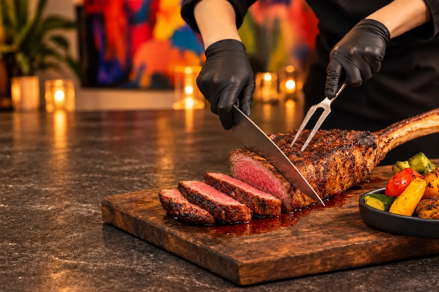 Tomahawk Steak, Charred to Perfection, with Oven-Roasted Vegetables, carved at the table — private chef Marina Staver, Miami