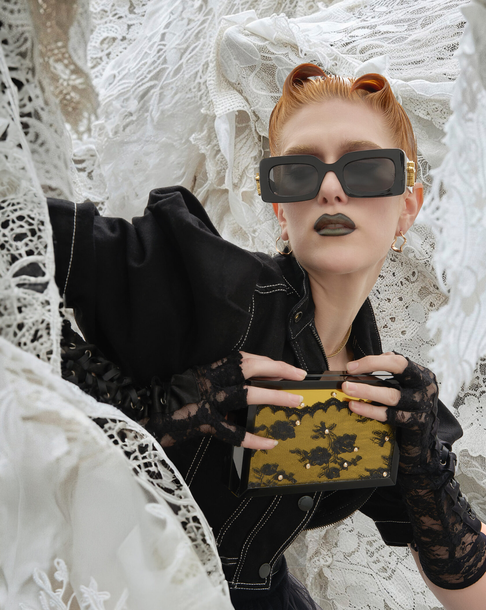 Weave Tale — Black fashion look with sunglasses and yellow clutch