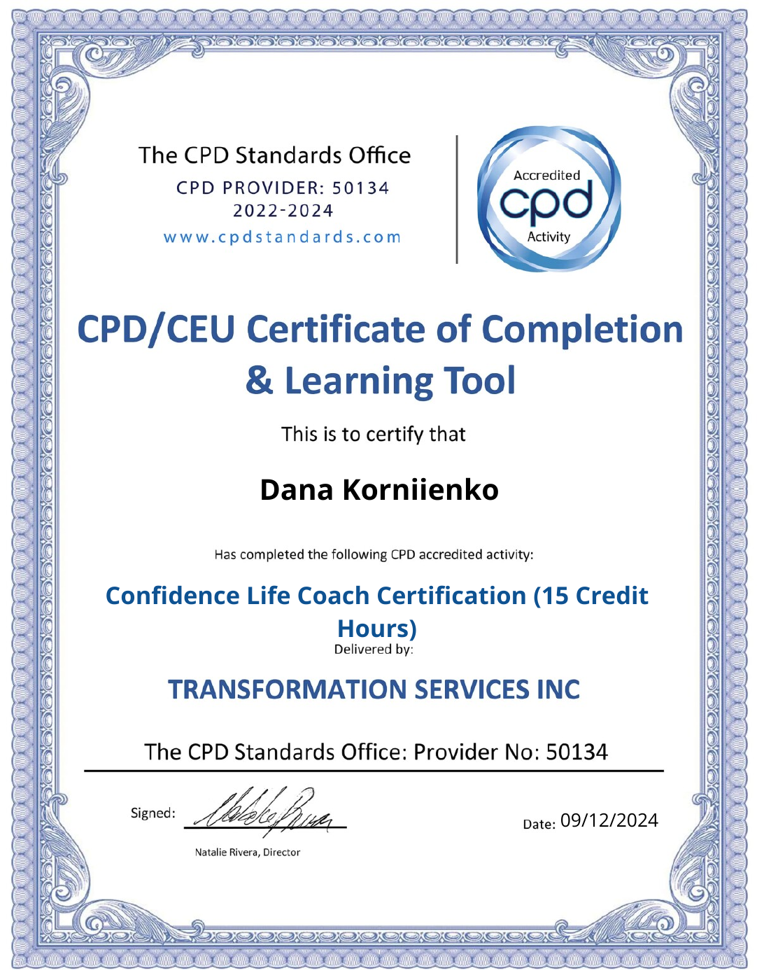 Confidence Life Coach Certification certificate of completion for Dana Korniienko