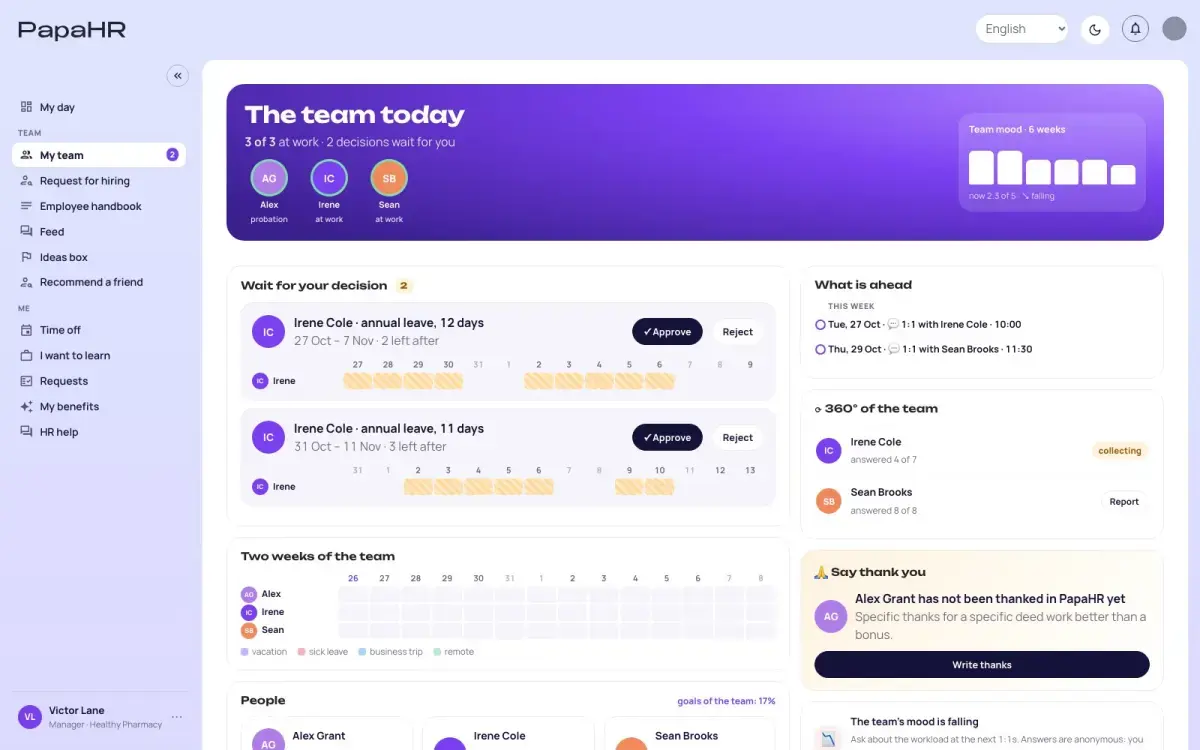PapaHR: manager’s screen — the team today and time-off requests with an Approve button
