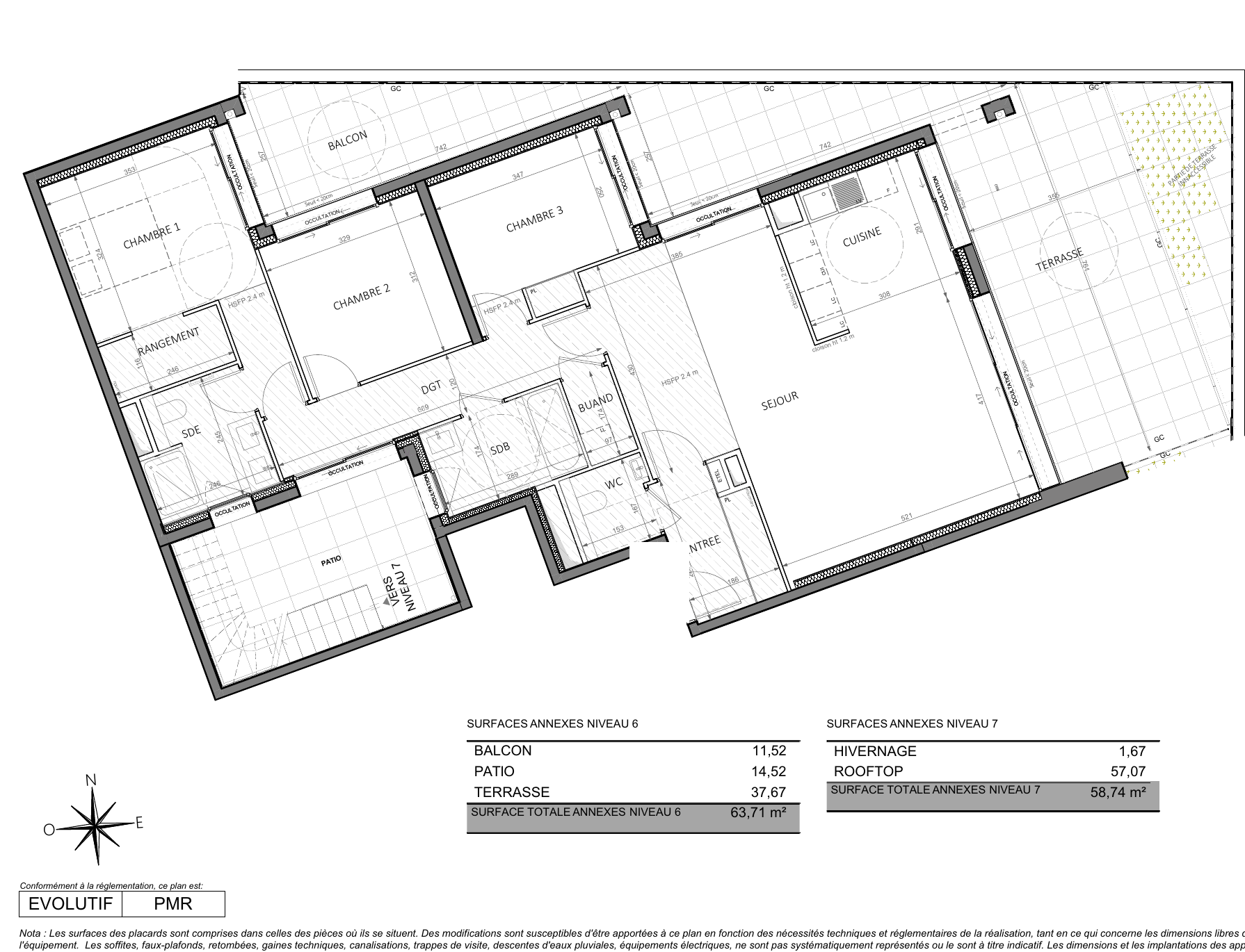 Floor plan of the 108.68 sq m new-build apartment in Roquebrune-Cap-Martin