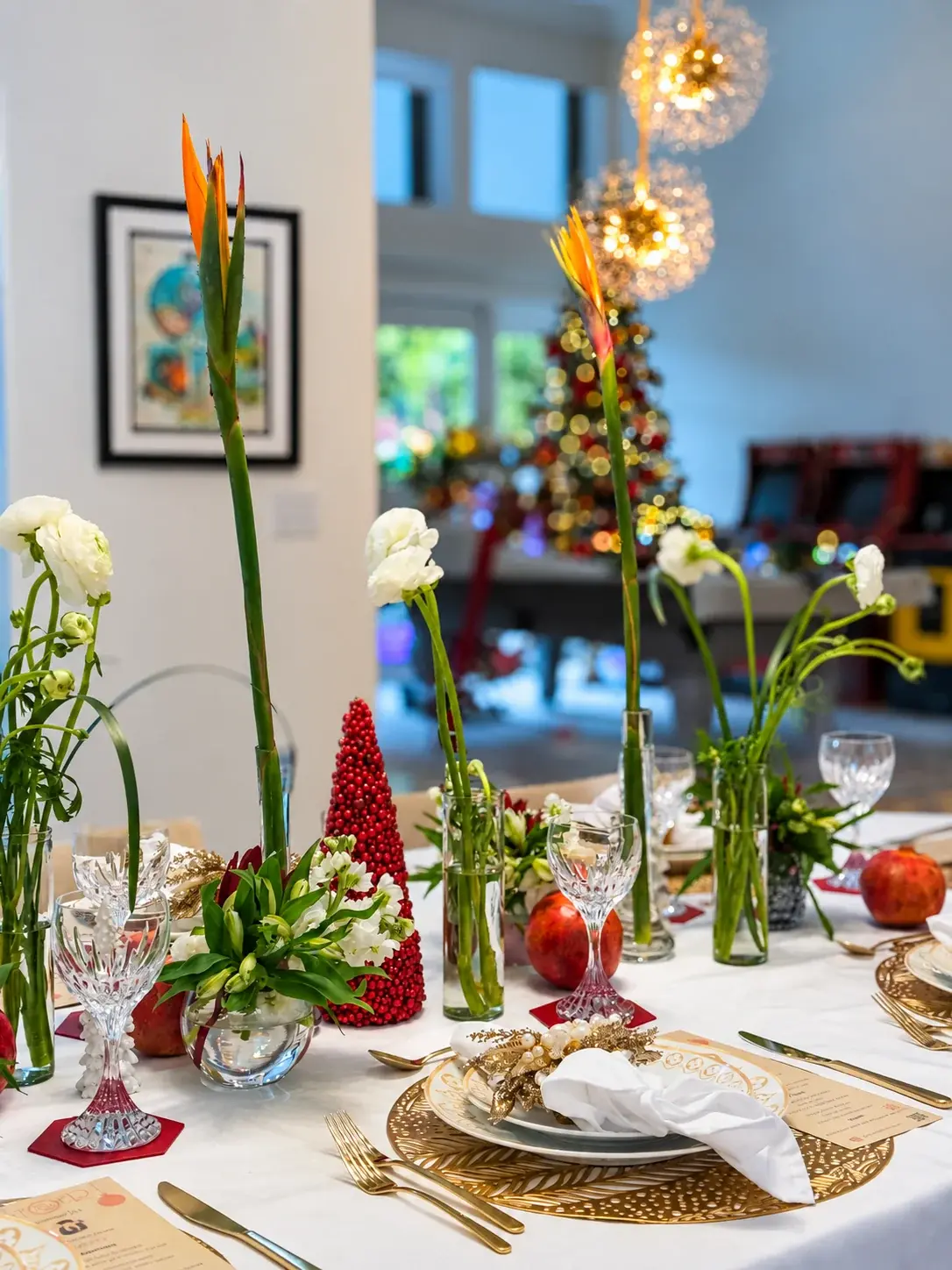 The table, with the lit tree in the background — Miami private chef Marina Staver